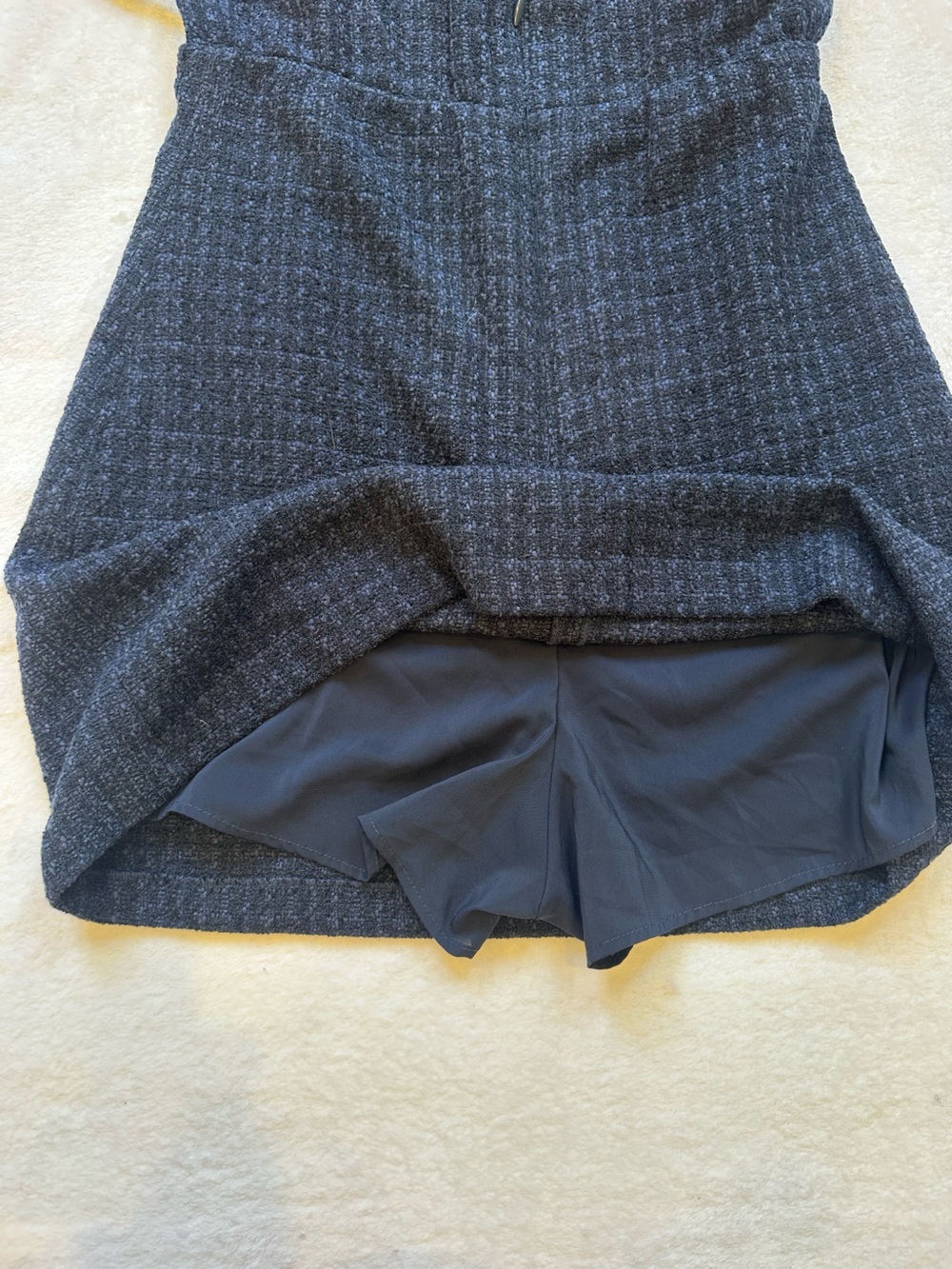 Textured Navy Mini Dress with Adjustable Spaghetti Straps and built in shorts - Picture 8 of 9